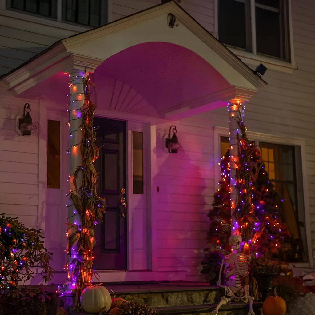 Dazzle Bright 164 FT 500 LED Halloween String Lights, Waterproof Halloween String Lights Black Wire with 8 Modes, Outdoor Halloween Decorations for Indoor Party Yard Wedding Decor, Purple & Orange
