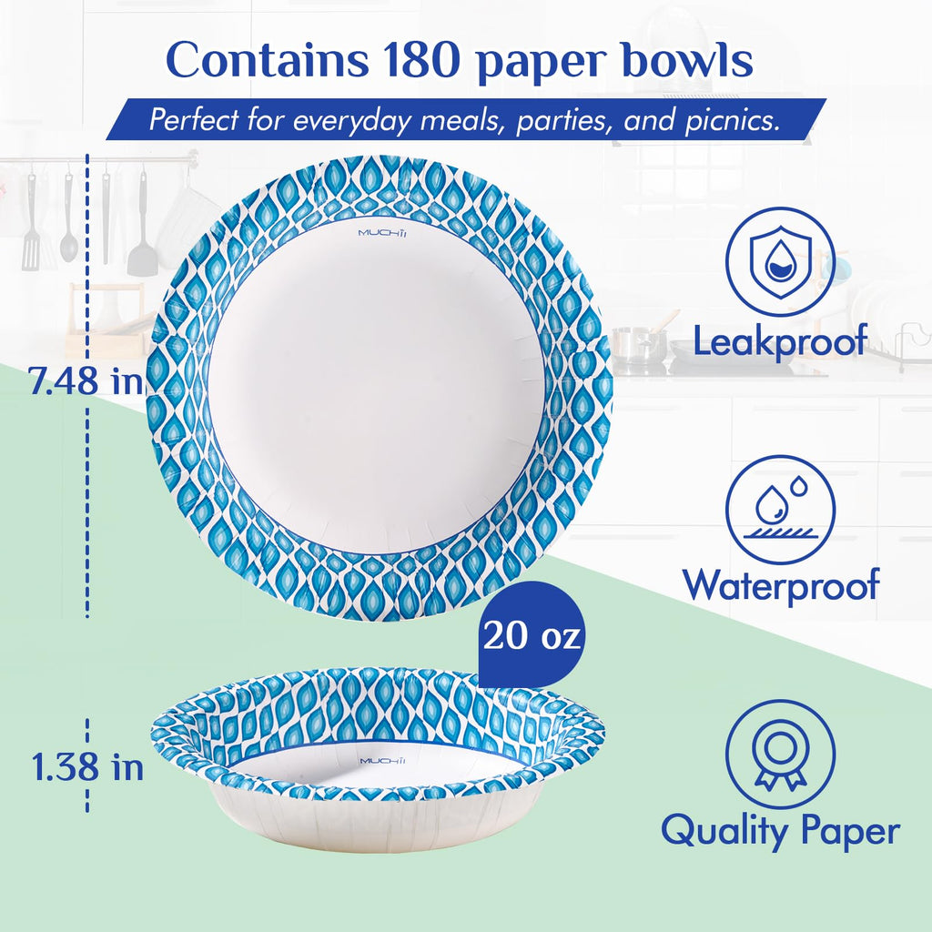 MUCHII 20 Oz Paper Bowls 180 Counts Disposable Bowls, Printed Soak Proof Large Bowls for Breakfast, Lunch, and Dinner Meals