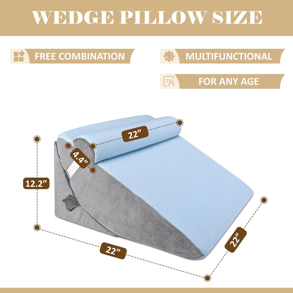 BEYOUDO 3pcs Bed Wedge Pillow Set, Adjustable Bed Wedge Pillow for Sleeping, 7 & 12 Inch Wedge Pillow Headboard for Acid Reflux and Back Pain Relief, Post Surgery, Snoring, Back Support, Light Blue
