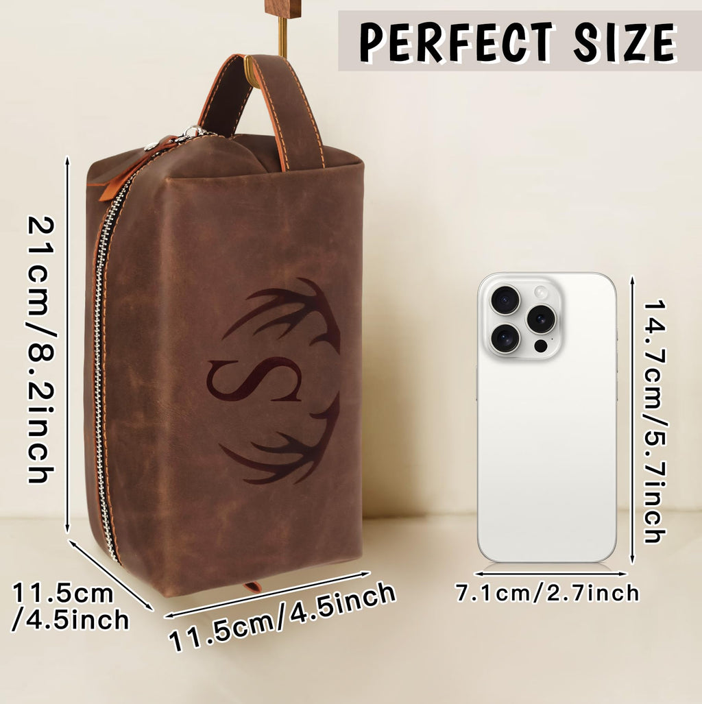 Aganmi Personalized Fathers Day Birthday Gifts for Men Father New Dad Papa Elderly Dad Travel Toiletry Bag Initial PU Leather Shaving Bag for Toiletries Accessories Travel Essential Storage Bag (C)
