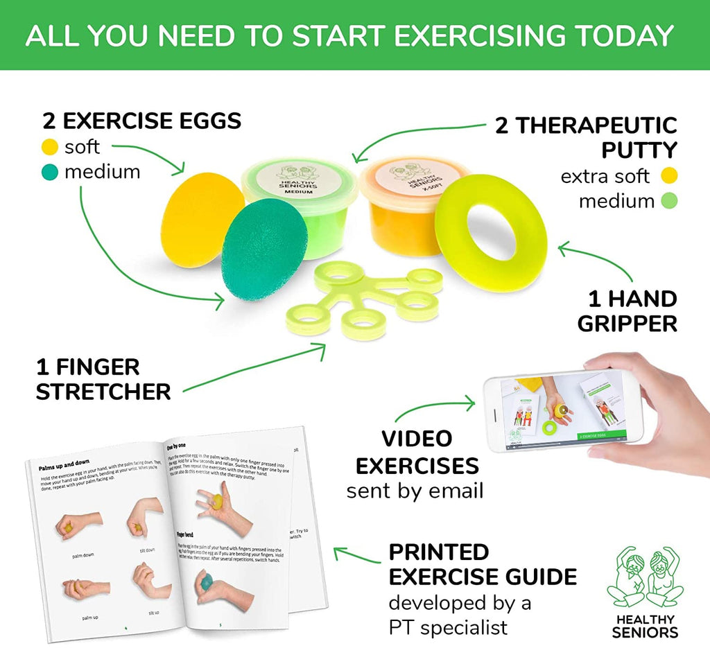 Healthy Seniors Physical Therapy Putty Kit, Finger Exercisers, and Hand Strengtheners. Improves Grip Strength, Dexterity, and Mobility. Supports Injury and Recovery Stress Relief