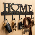 Entryway Wall Key Holder with 5 Hooks, Metal Key Rack Wall Mount for Keys, Bags and Leashes, Decorative Organizer for Entryway, Mudroom or Hallway, Sweet Home Design, 9.8 inches, Black