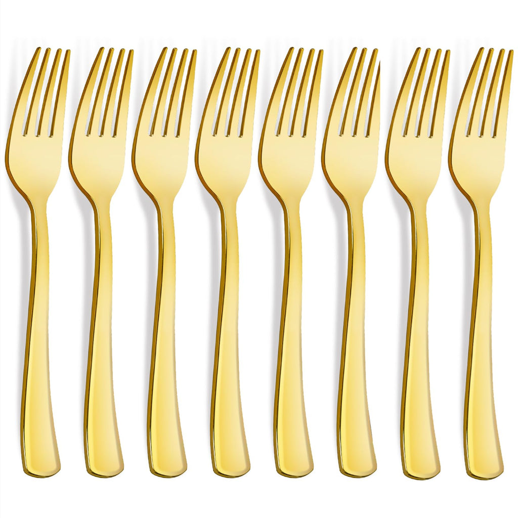 Jutieuo Gold Plastic Forks 7.4 Inch (100-Count) Exquisite Gold Forks Disposable Plastic Silverware Gold Plastic Cutlery for Parties, Weddings, Catering Events