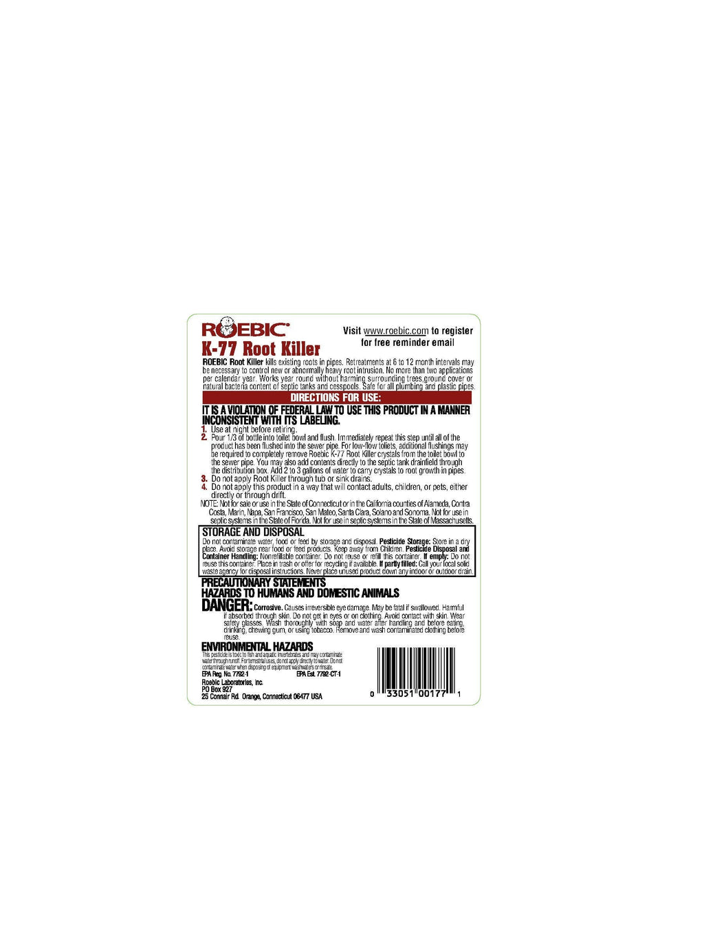 Roebic K-77 Root Killer: Clears Pipes, Stops New Growth, Works for Sewer and Septic Systems - 32 Ounce