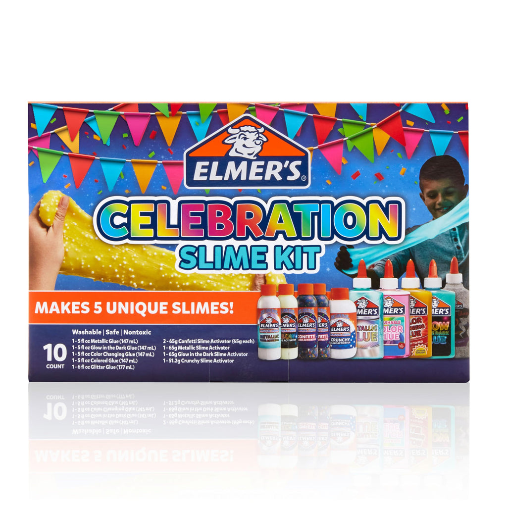 Elmer's Celebration Slime Kit, Complete Slime Supplies with Assorted Magical Liquid Slime Activators and Assorted Liquid Glues, 10 Count, Perfect for Parties and Activity Time