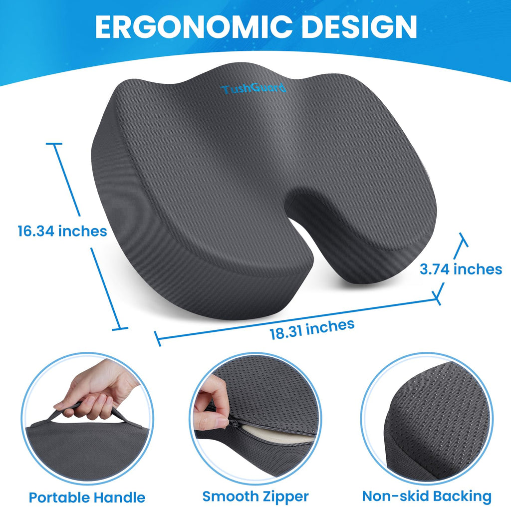TushGuard Seat Cushion for Office Chair Memory Foam Non-Slip Cushion Back, Relief Chair Pad, Butt Pillow for Office, Car, Computer Desk, Grey, X-Large