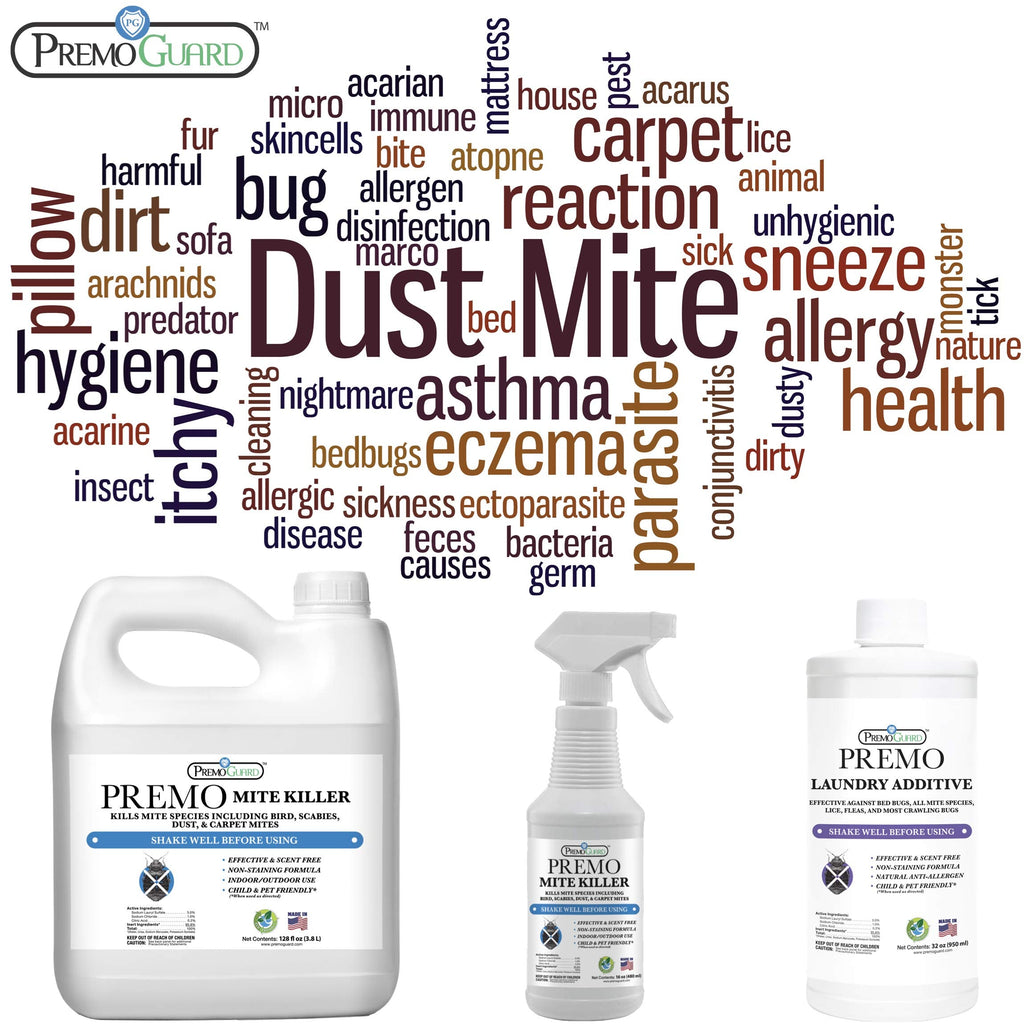 Mite Killer Spray by Premo Guard – Treatment for Dust Spider Bird Rat Mouse Carpet and Scabies Mites – Fast Acting 100% Effective – Child & Pet Safe – Best Natural Extended Protection (16 oz)