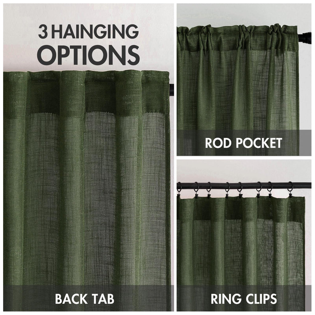 MIULEE Olive Green Linen Curtains 90 Inch Long for Bedroom Living Room, Soft Thick Linen Textured Window Drapes Semi Sheer Light Filtering Rod Pocket Back Tab Christmas Burlap Look, 2 Panels