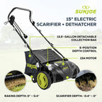 Sun Joe 15-Inch Electric Powered Lawn Dethatcher with Scarifier Blade Reel and Collection Bag - 13-Amp Corded Yard Power Rake Tool Machine for Grass Thatch Removal, AJ805E
