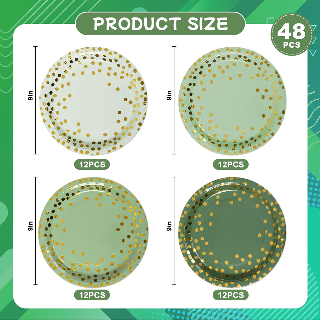 AimFun Sage Green Paper Plates Gradient Green and Gold Party Plates Disposable 9 Inch Bridal Baby Shower Round Dinner Plates for Birthday Wedding Party Supplies (48, Sage Green)