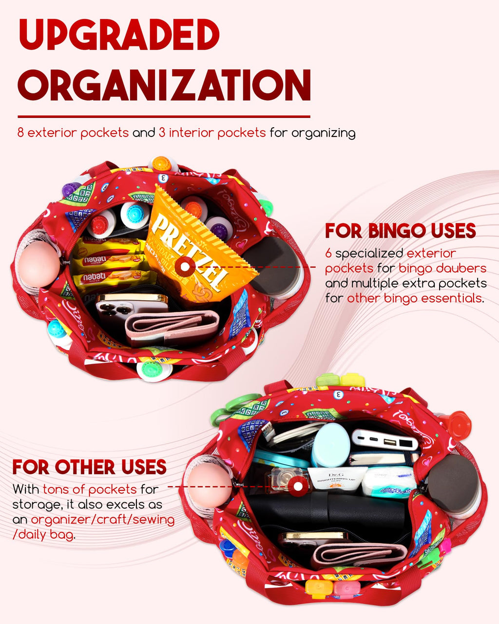 Bingo Bag with Pockets for Bingo Daubers Dabbers Dobbers Red Bingo Bag for Bingo Stuff Supplies Bingo Dauber Bag for Bingo Equipment Bingo Accessories for Women Bingo Prizes for Adults Seniors Elderly