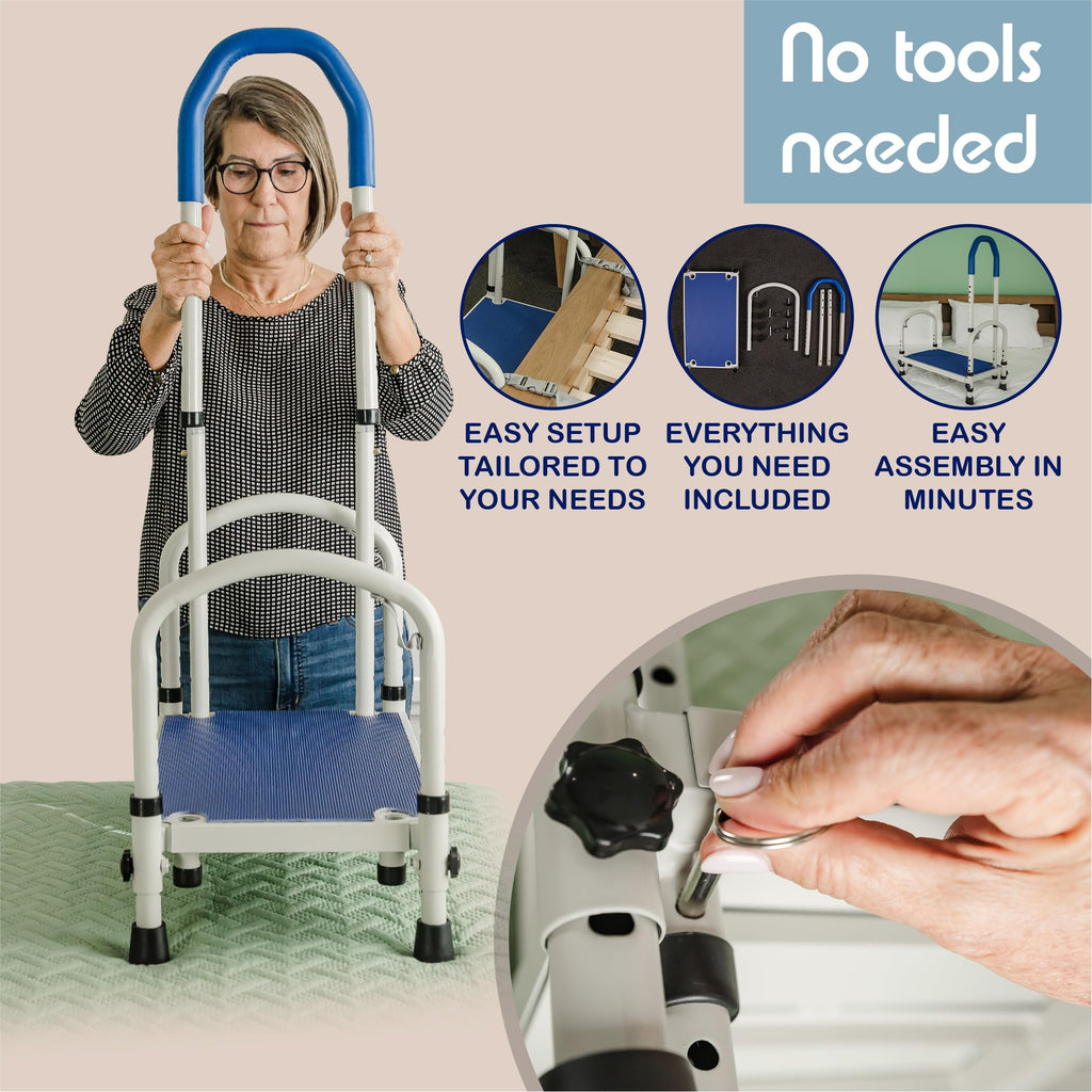 FlexiStep Medical Bed Step Stool with Handle for Adults - Heavy Duty Adjustable Bedroom Stepping Stool with Handrail - Wide, High Grip Base for Seniors - Elderly Mobility Accessories for High Beds