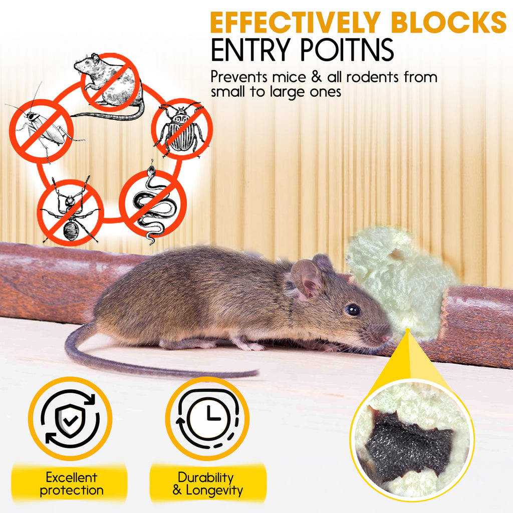 [Upgraded] Rodent Barrier Kit, Steel Wool Included PU Spray Foam Hole Filler for Mice Control 3.2"x7.5’ Rodent Control Fill Fabric, Gloves, Scissors,Gap Blocker in Hole Pipeline Vent in House, Garage