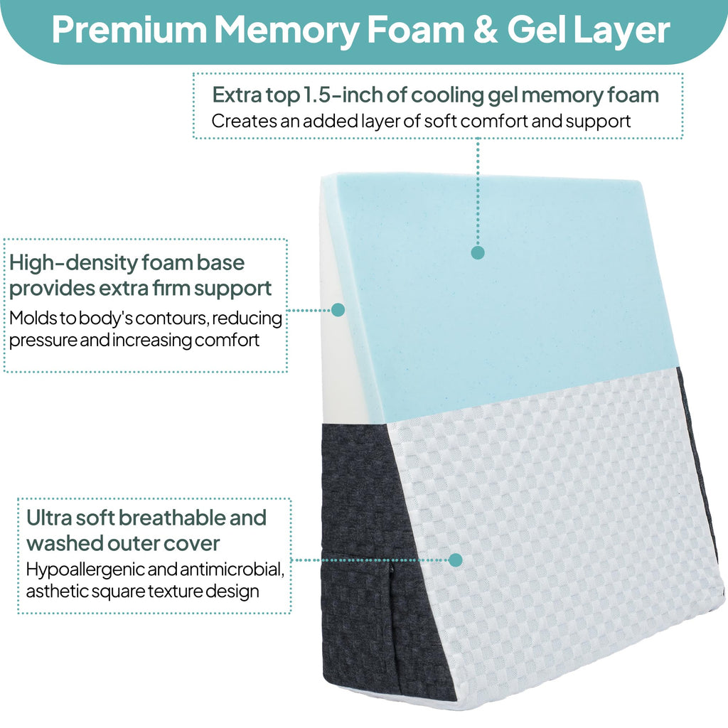 Maeytau Bed Wedge Pillow for Sleeping, 8 inch Triangle Pillow with Memory Foam Top, Elevated Support Incline Wedge Pillow with Removable Washable Cover