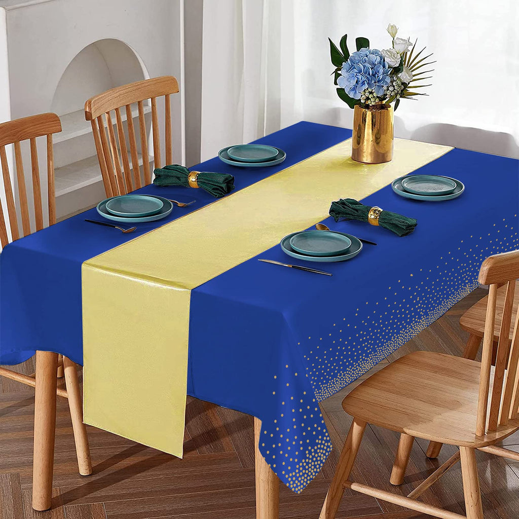 16Pack Disposable Plastic Tablecloths and Satin Table Runner Set Blue and Gold Dot Tablecloth Gold Satin Table Runner for Wedding Birthday Baby Shower Anniversary Christmas New Year Party Decorations