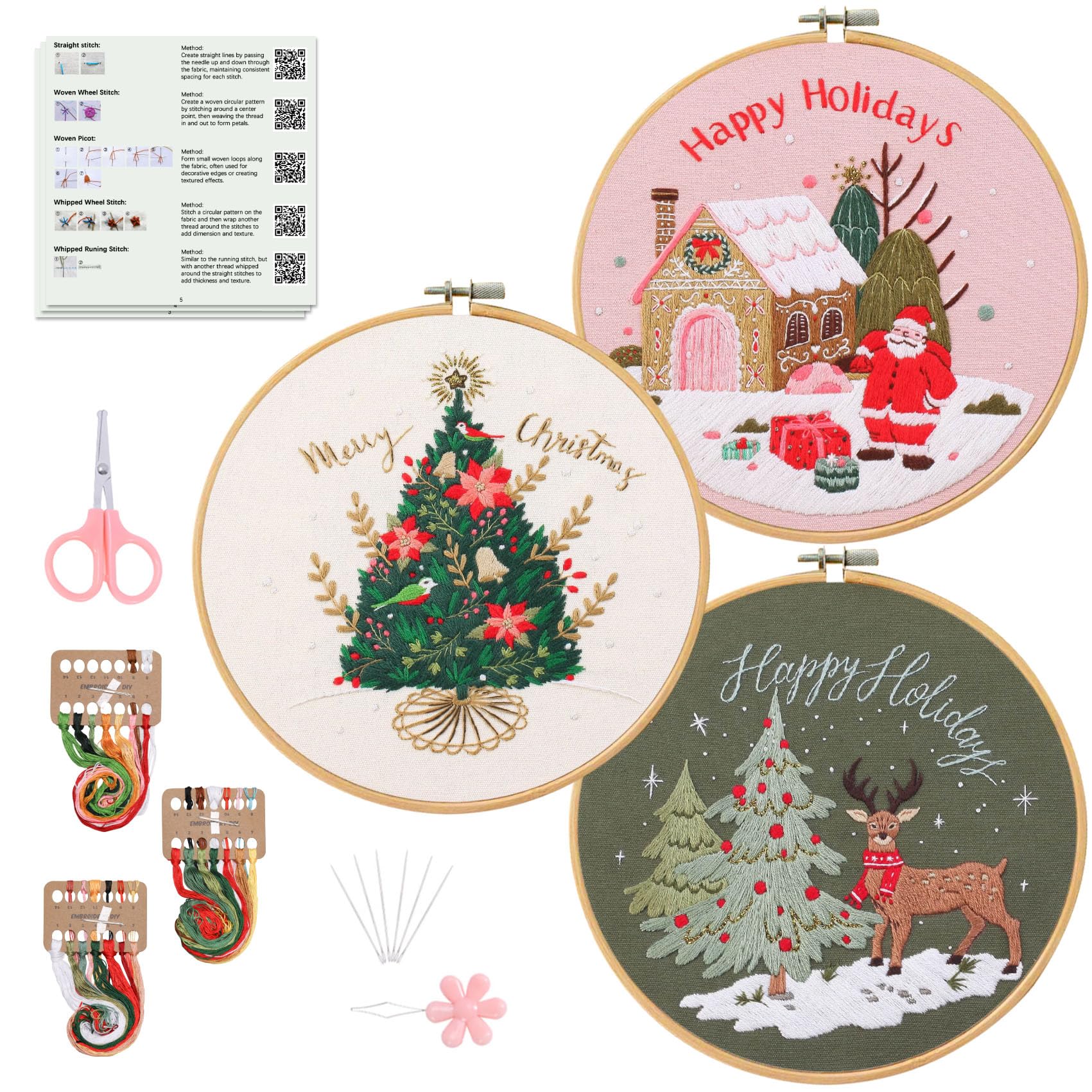 Santune Embroidery Kit - 3pcs Christmas Embroidery Patterns for Beginners with Instructions Cross Stitch Kits for Adults with 1 Embroidery Hoops, Color Threads and Needles, Good Hobbies for Women