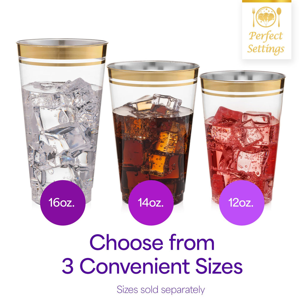 Perfect Settings Premium Double Gold Rimmed Disposable Plastic Cups, Durable Clear Plastic Drinking Glasses for Cold Beverages & Cocktails, BPA-FREE, Disposable Wedding Cups, 14 oz. (Pack of 100)