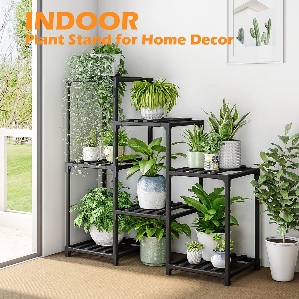 Bamworld Outdoor Black Plant Shelf Indoor Tiered Table for Multiple Plants 3 Tiers 7 Potted Ladder Plant Holder Pot Stand for Window Garden Balcony Living Room