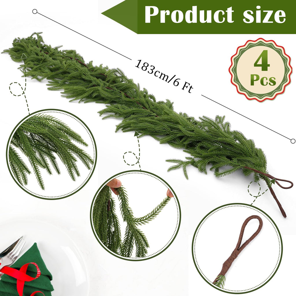 Hananona 4 Pcs Artificial Norfolk Pine Garlands, Real Touch Winter Pine Garland, Green Artificial Greenery Garland for Table, Mantle, Wall, Indoor, Outdoor Christmas Decorations (4, 6 FT)