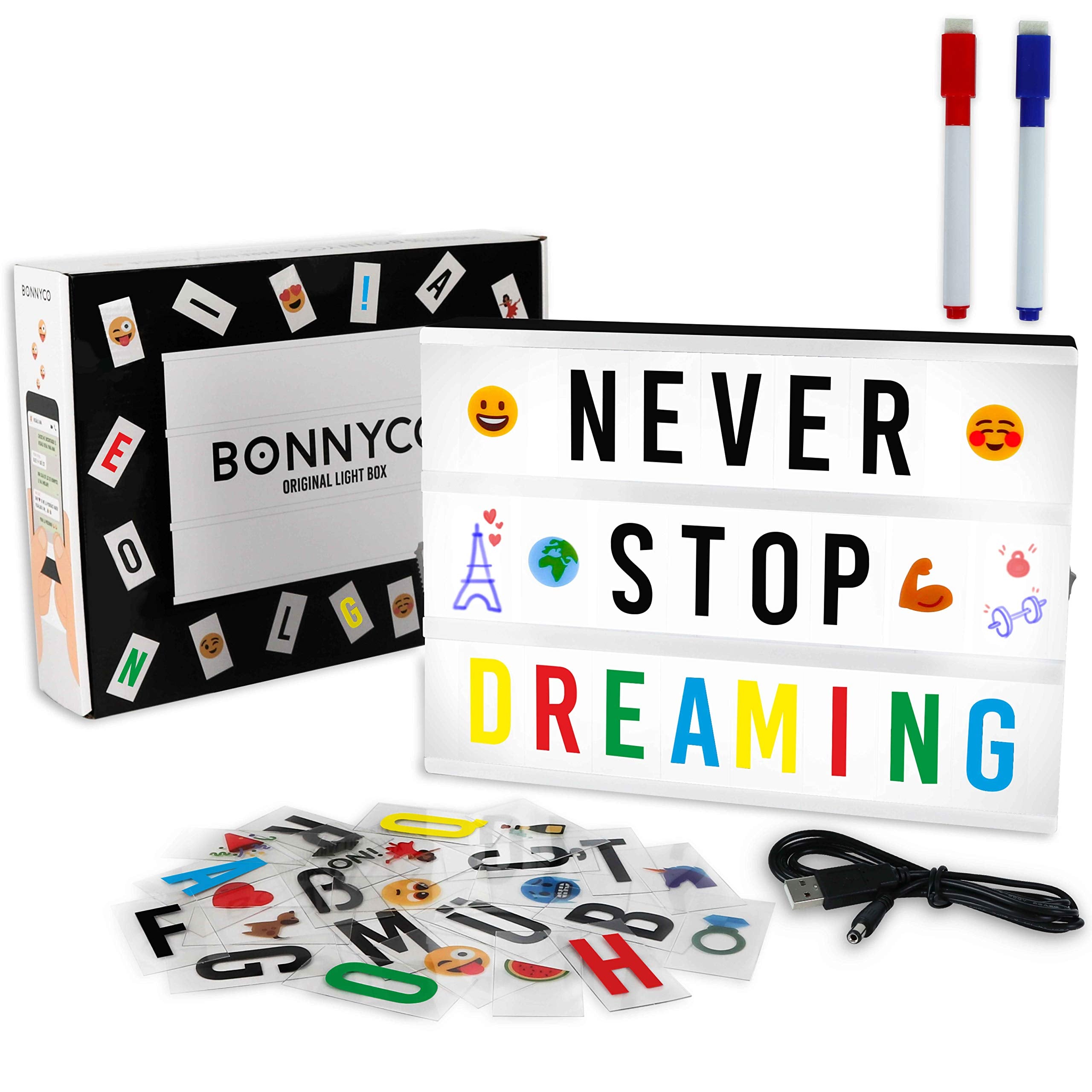 Cinema Light Box with 400 Letters, Symbols & Emojis & 2 Markers, USB Included - BONNYCO | Led Light Box Home Decor, Room Decor | Light Up Sign Novelty Gifts Christmas & Birthdays | Marquee Light Box