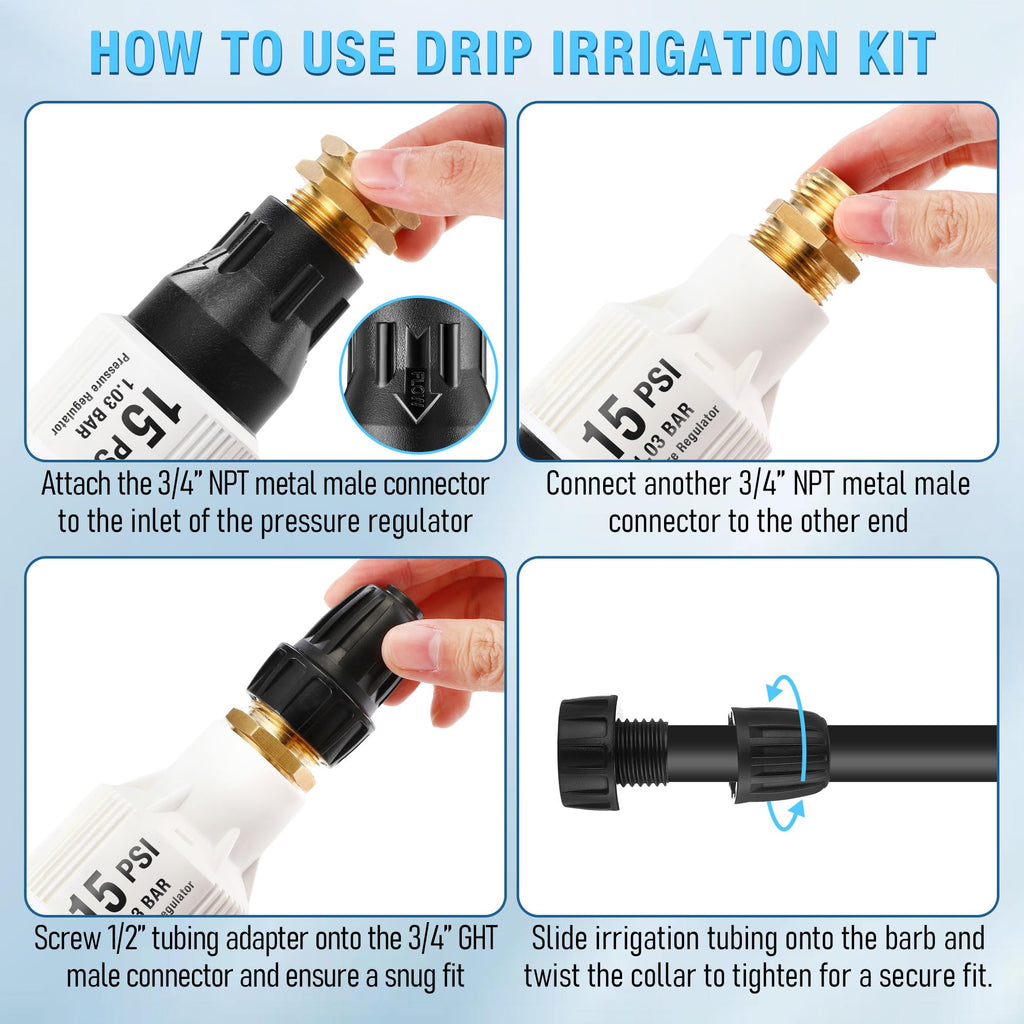 Aurelema 1 Pack Drip Irrigation Pressure Regulator Kit, Water Backflow Preventer for 3/4'' Garden/Faucet Hose Thread and 1/2'' Drip Irrigation Tubing Adapter, Complete Drip Irrigation System (15 Psi)
