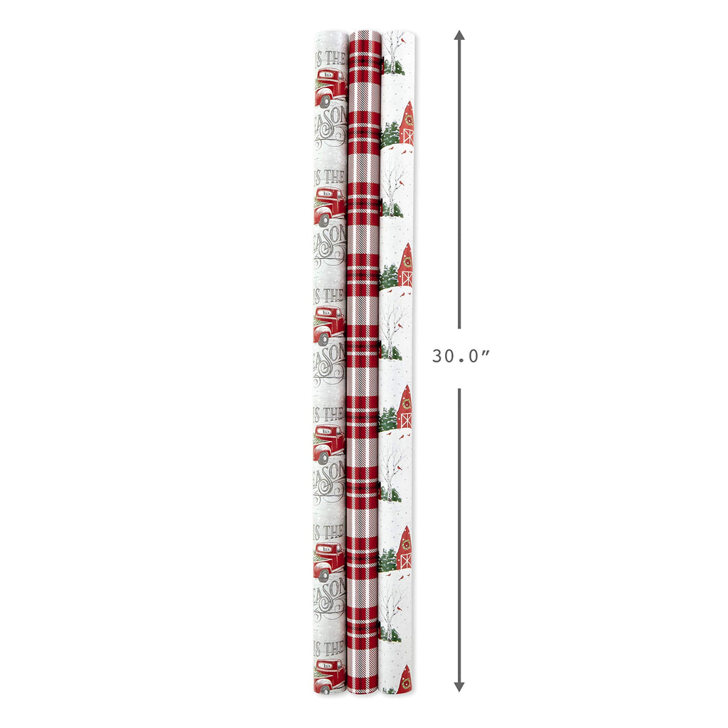 Hallmark Holiday Wrapping Paper Rolls - Rustic Christmas Gift Wrap Paper (Set of 3 Reversible Rolls: 120 sq. ft. ttl.) Plaid, Barn, Red Truck, Moose, Woodland Scenes