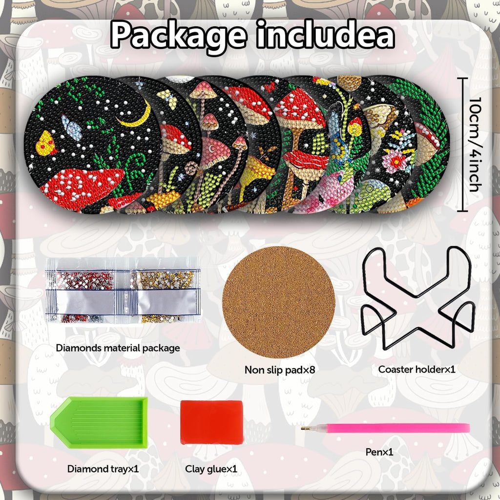 8 Pcs Mushroom Diamond Art Painting Coasters Kits with Holder DIY Mushroom Diamond Art Coaster Non Slip Coaster for Adults Diamond Kits Supplies for Christmas