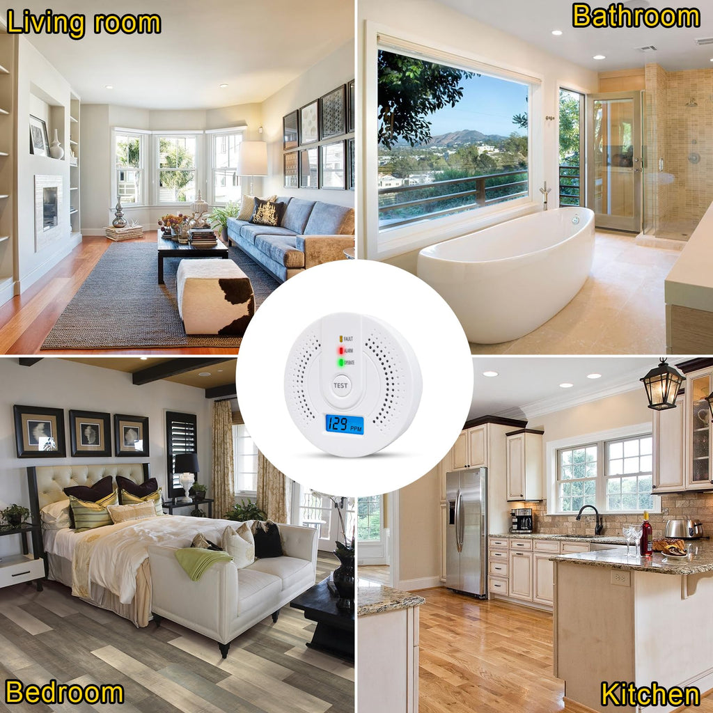 Carbon Monoxide Detector,CO Gas Monitor Alarm Detector Replaceable Battery with Digital LCD Display and Sound Warning for Home/Kitchen/Bedroom