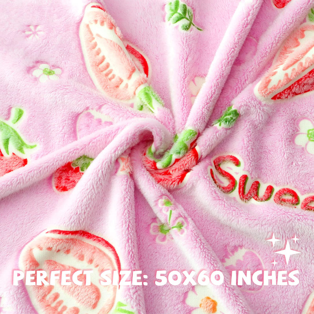 REXEO Flannel Throw Blanket, 50 x 60in, Glow in The Dark, Fluorescent Strawberry, Lightweight, Fiber Plush, for Girls Kids, Birthday Christmas Gifts