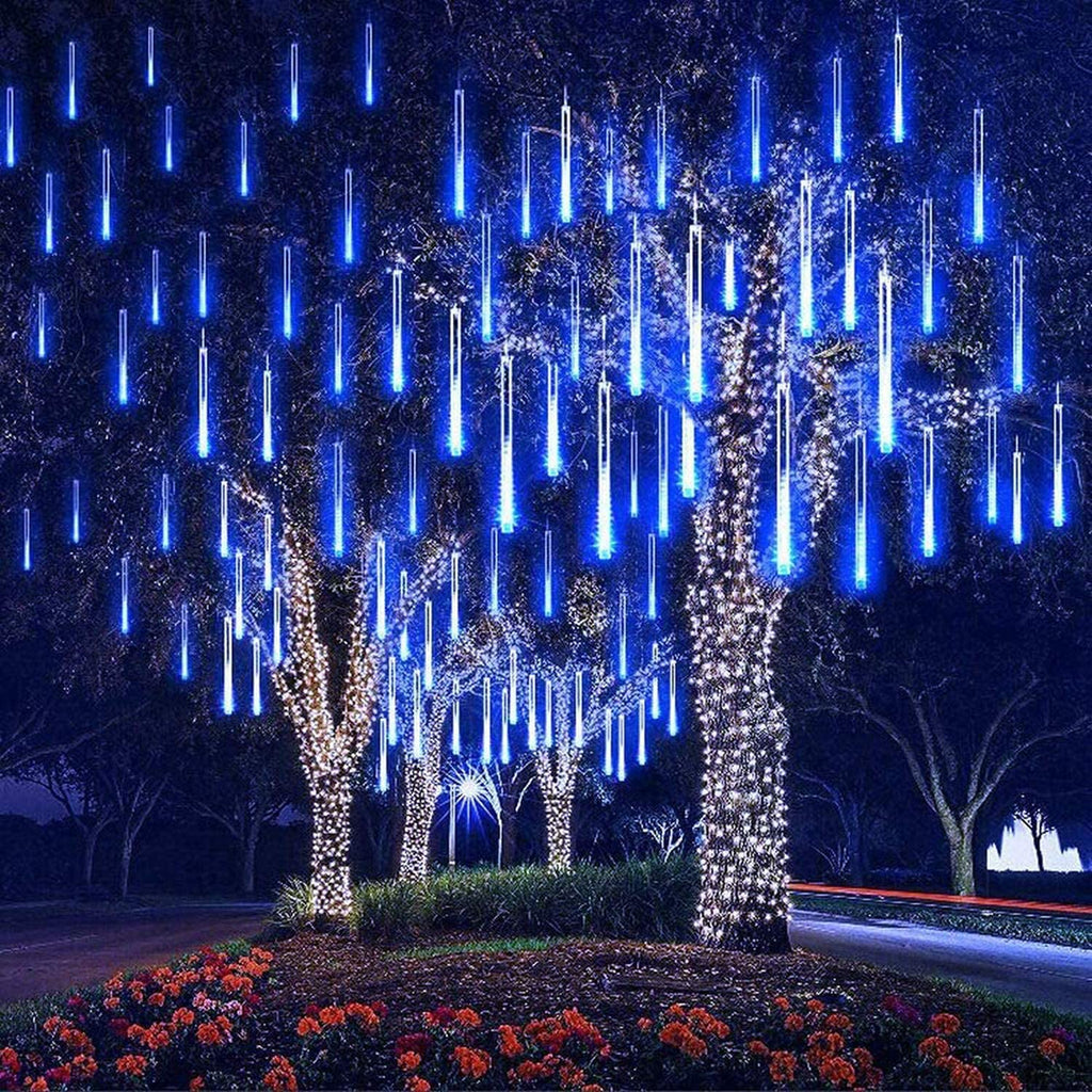 Adecorty Outdoor Christmas Lights Meteor Shower Lights UL Certified 8 Tubes 192 LED Snow Falling Rain Drop Lights Dripping Icicle String Lights for Christmas Tree Decorations Xmas Wedding Party, Blue