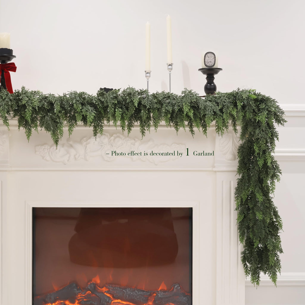 9FT Christmas Cedar Garland Artificial Real Touch Thickness Realistic Greenery Pine Garland for Mantle Fireplace Outdoor Indoor Christmas Decorations