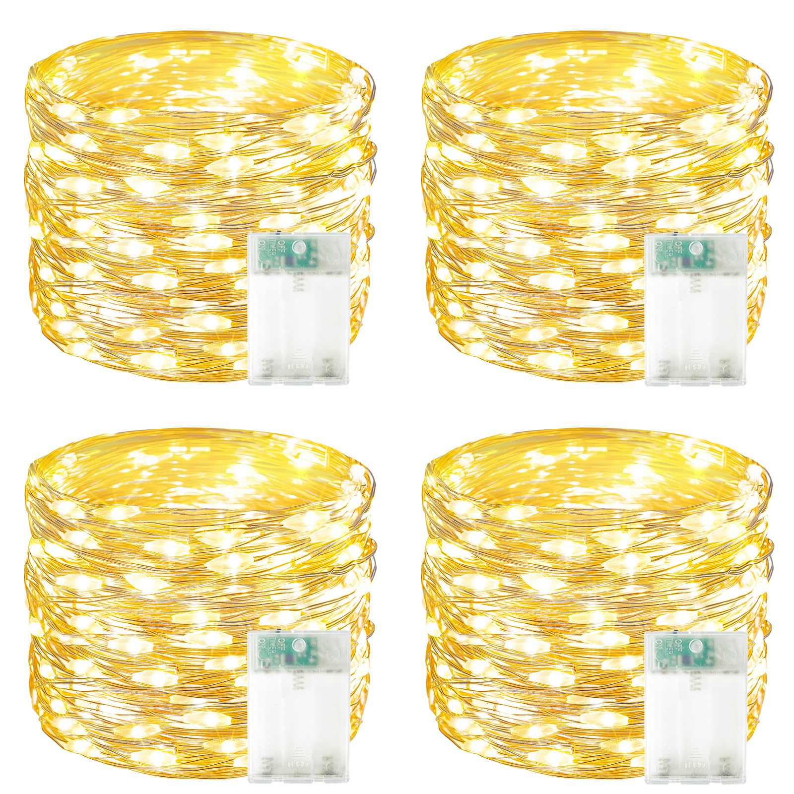 4 Pack 60 LED Fairy Lights Battery Operated with Timer, 20FT Waterproof String Lights Indoor Outdoor, Cuttable Battery Light for Home Bedroom Wedding DIY Centerpiece Christmas Decorations (Warm White)