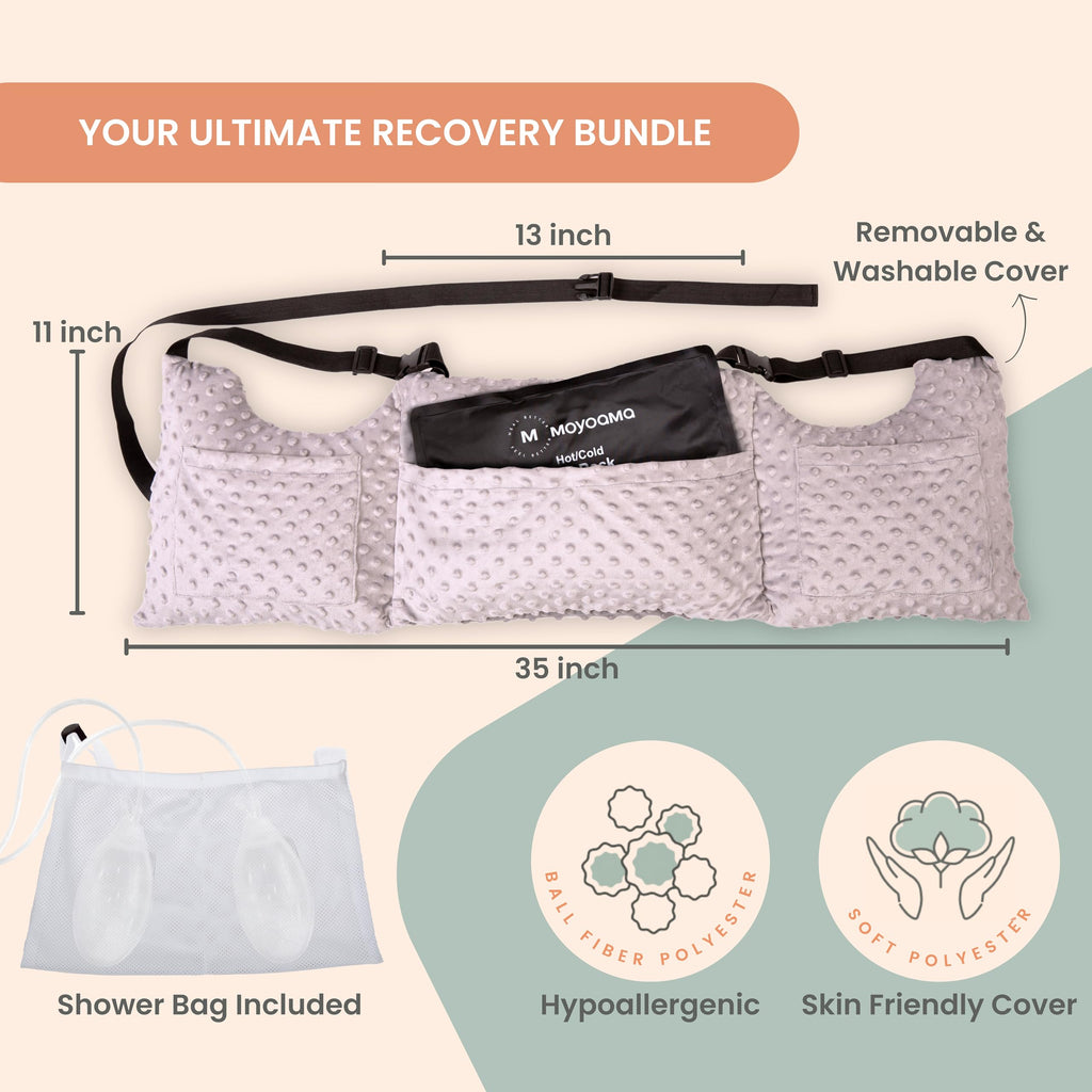 MOYOAMA Bundle Grey Swiss Dots with Shower Bag: Mastectomy Pillow IR Design with Coldpack, Shower Bag, and Seatbelt Pillow