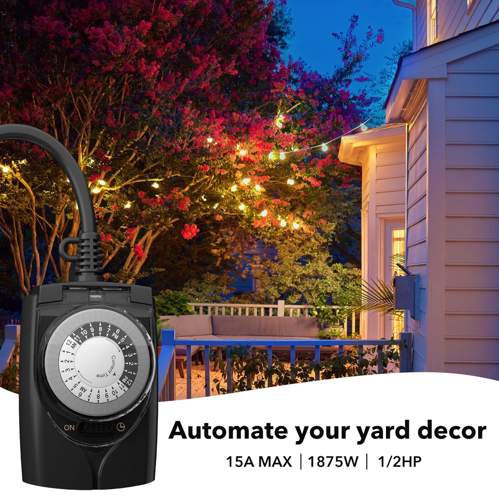 HBN Outdoor Timer Outlet Waterproof, 24 Hour Mechanical Light Timers for Electrical Outlets Outdoor Weatherproof, 2 Grounded Outlets for Christmas Lights, Pool Pump, 15A 1/2HP