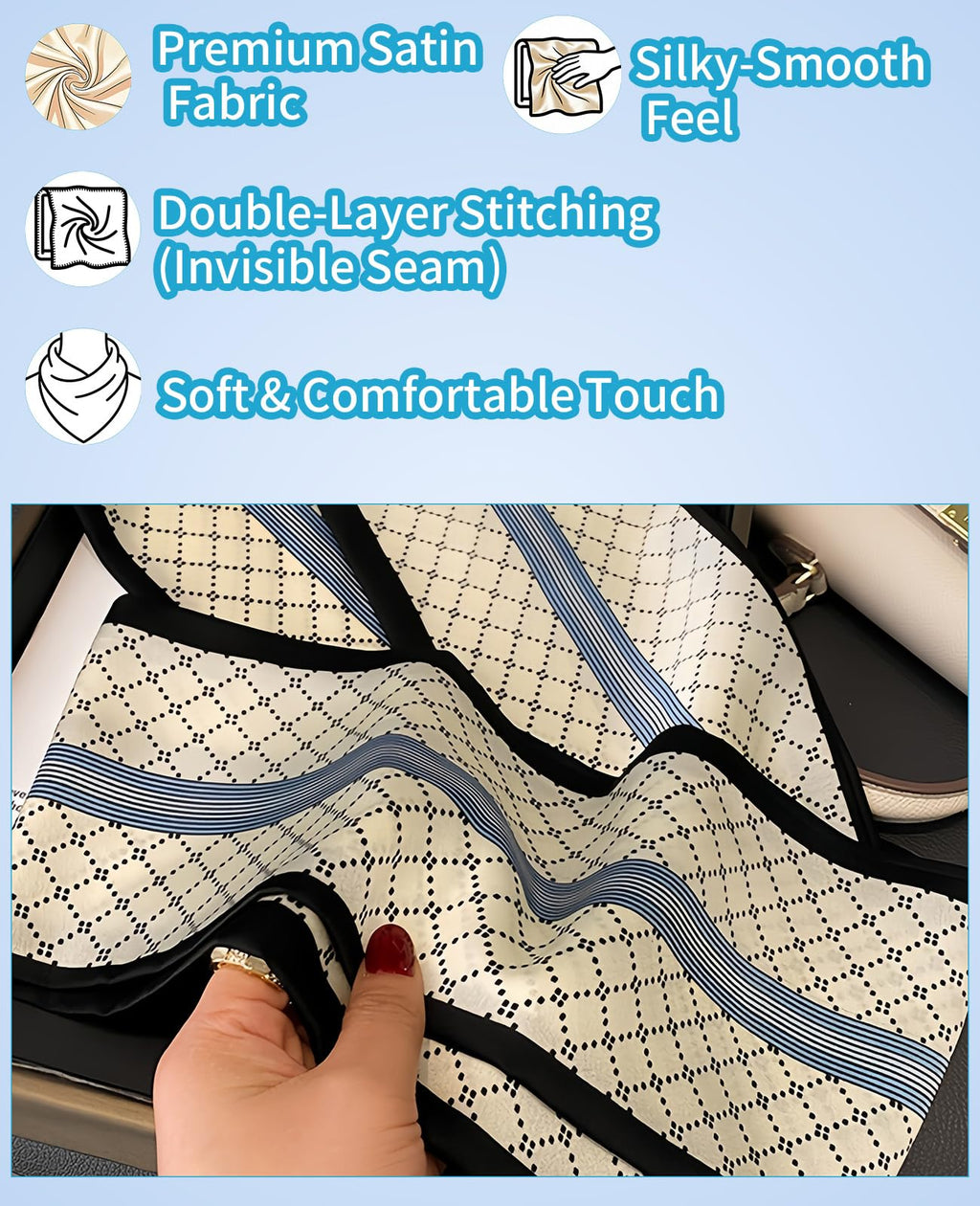 Fashion Scarf for Women - 58" Long Skinny Scarf Lightweight, Luxurious Silk Feeling for Neck, Hair, Purse & Belt Accessory (Blue-White Geometric)
