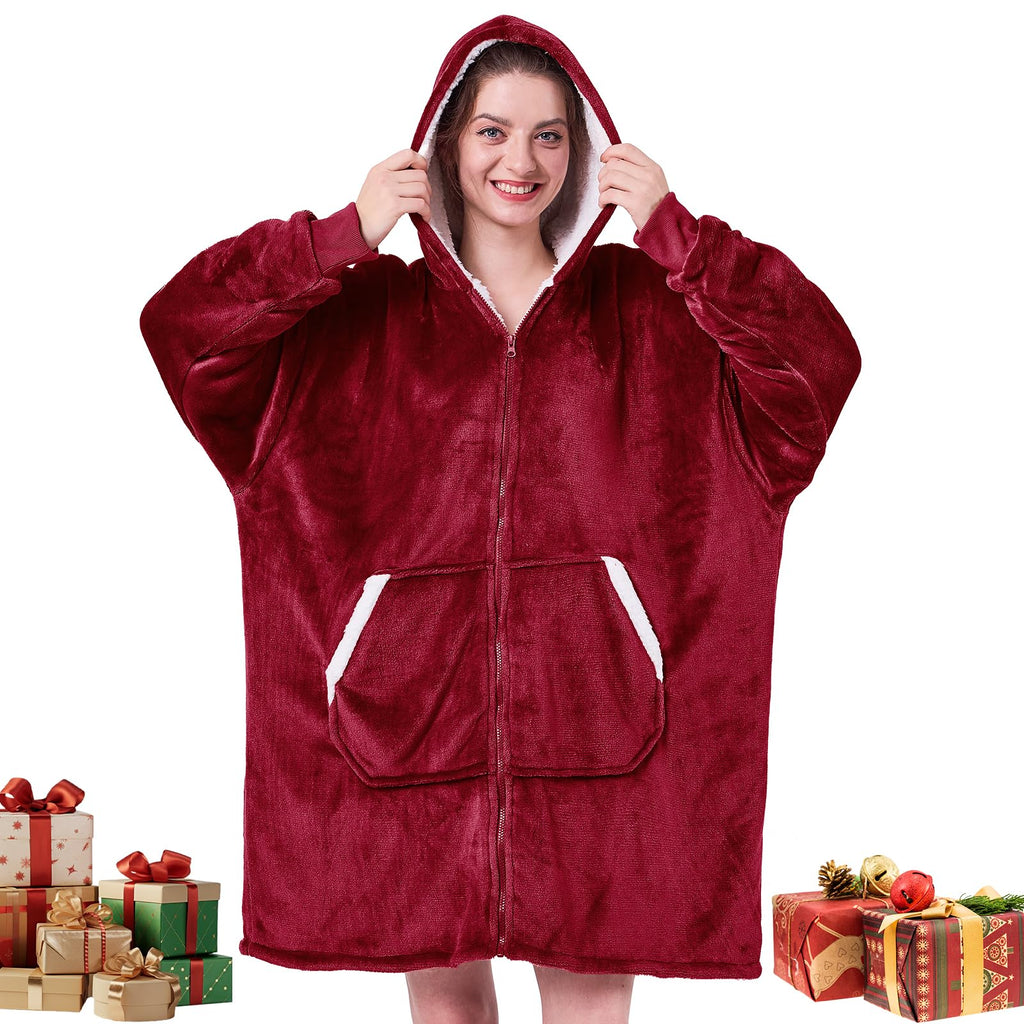 JOYWOO Wine Red Wearable Blanket Hoodie, Christmas Birthday Gifts for Mom Women Men, Oversized Hooded Blanket for Adult, Cozy Fuzzy Sherpa Sweatshirt Blanket with Giant Pocket and Zipper