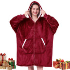 JOYWOO Wine Red Wearable Blanket Hoodie, Christmas Birthday Gifts for Mom Women Men, Oversized Hooded Blanket for Adult, Cozy Fuzzy Sherpa Sweatshirt Blanket with Giant Pocket and Zipper