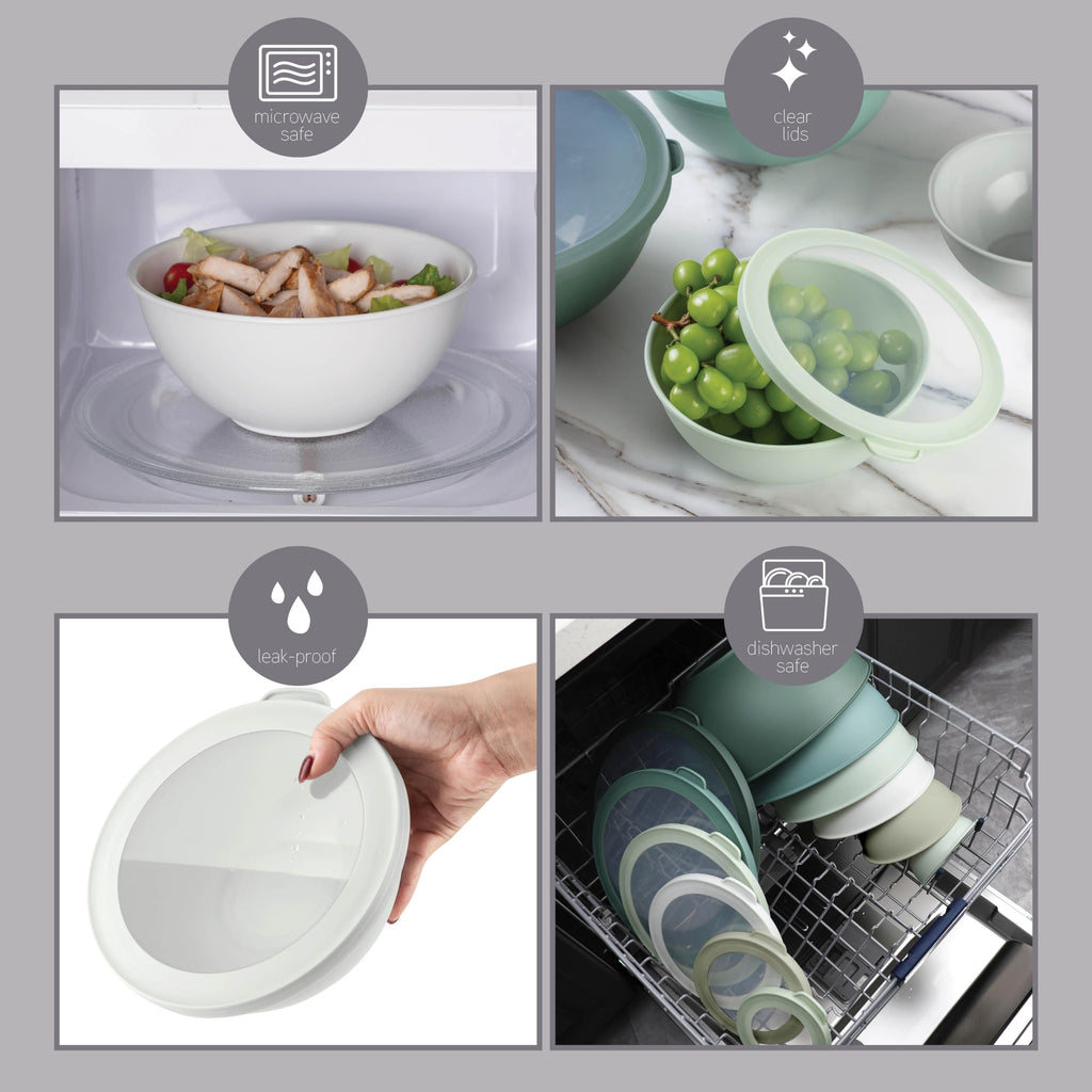 COOK WITH COLOR Mixing Bowls with TPR Lids - 12 Piece Plastic Nesting Bowls Set includes 6 Prep Bowls and 6 Lids - Microwave Safe (Sage)
