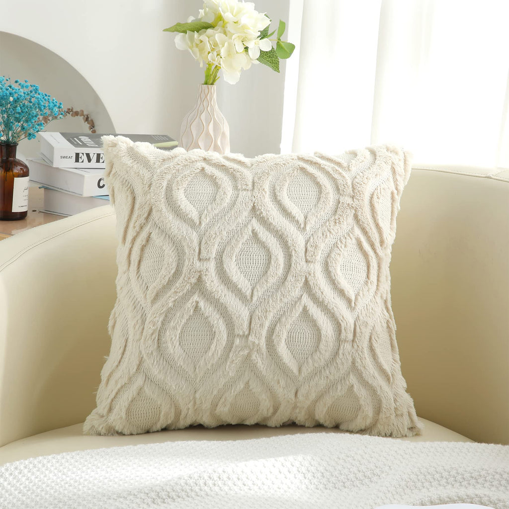 decorUhome Christmas Decorative Throw Pillow Covers 24x24, Soft Plush Faux Wool Couch Pillow Covers for Home, Set of 2, Beige