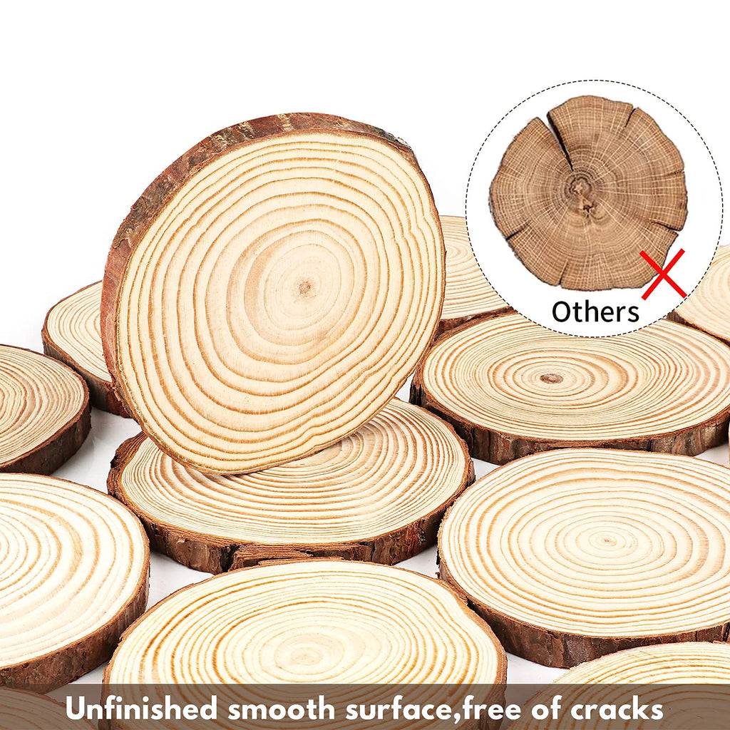 Binswloo 40 Pcs Natural Wood Slices Ornaments, 3.1-3.5 Inch Unfinished Craft Wooden Circles Round Wood Discs for Crafts Arts DIY Paintings Wedding Christmas Tree Decoration Coasters