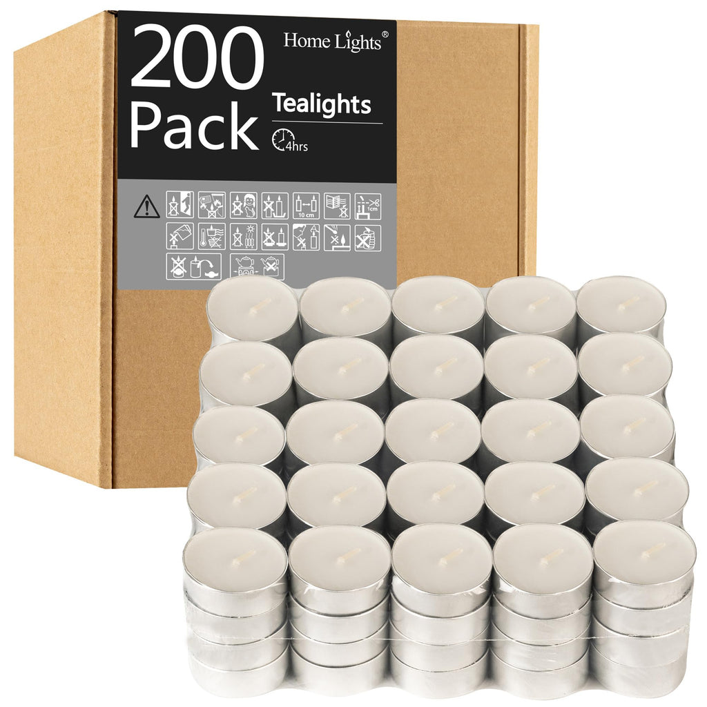 HomeLights Tealight Candles - 4 Hours - Giant 100,200,300 Bulk Packs - White Unscented European Votive Smokeless Tea Lights for Shabbat, Weddings, Christmas, Home Decorative - 200 Pack