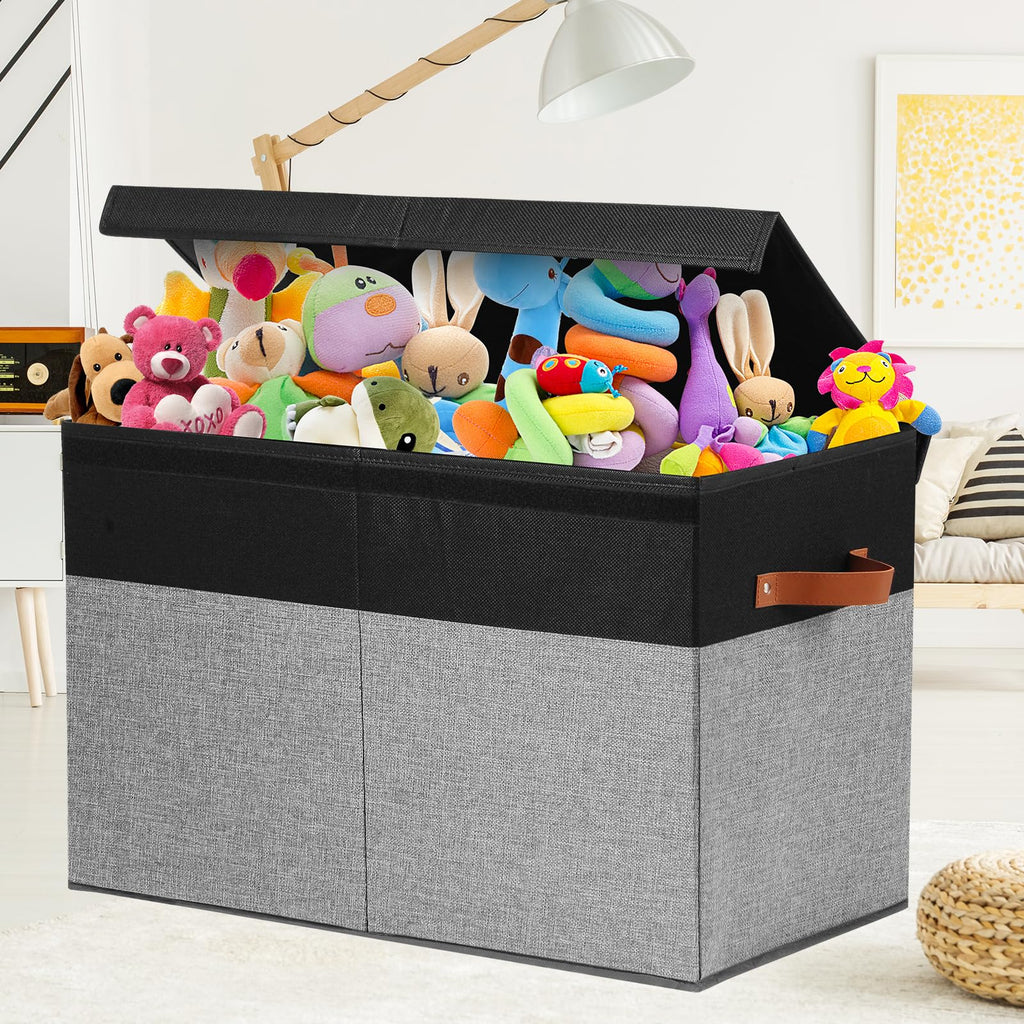 Gowee Large Toy Storage Box with Lid, Sturdy Toys Storage Chest Bin Organizer Basket with Dividers for Kids, Boys, Girls, Nursery, Closet, Bedroom, Playroom 25"x13" x16" (Black and Grey)