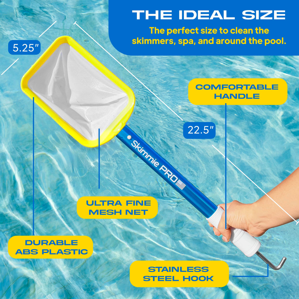 Skimmie Pro (Short Version) 22.5” Pool Skimmer: Lightweight, Fine Mesh Net, & Stainless Steel Hook – Ideal for In-Ground/Above-Ground Pools, Fountains, Ponds, Hot Tubs, & Cold Plunges