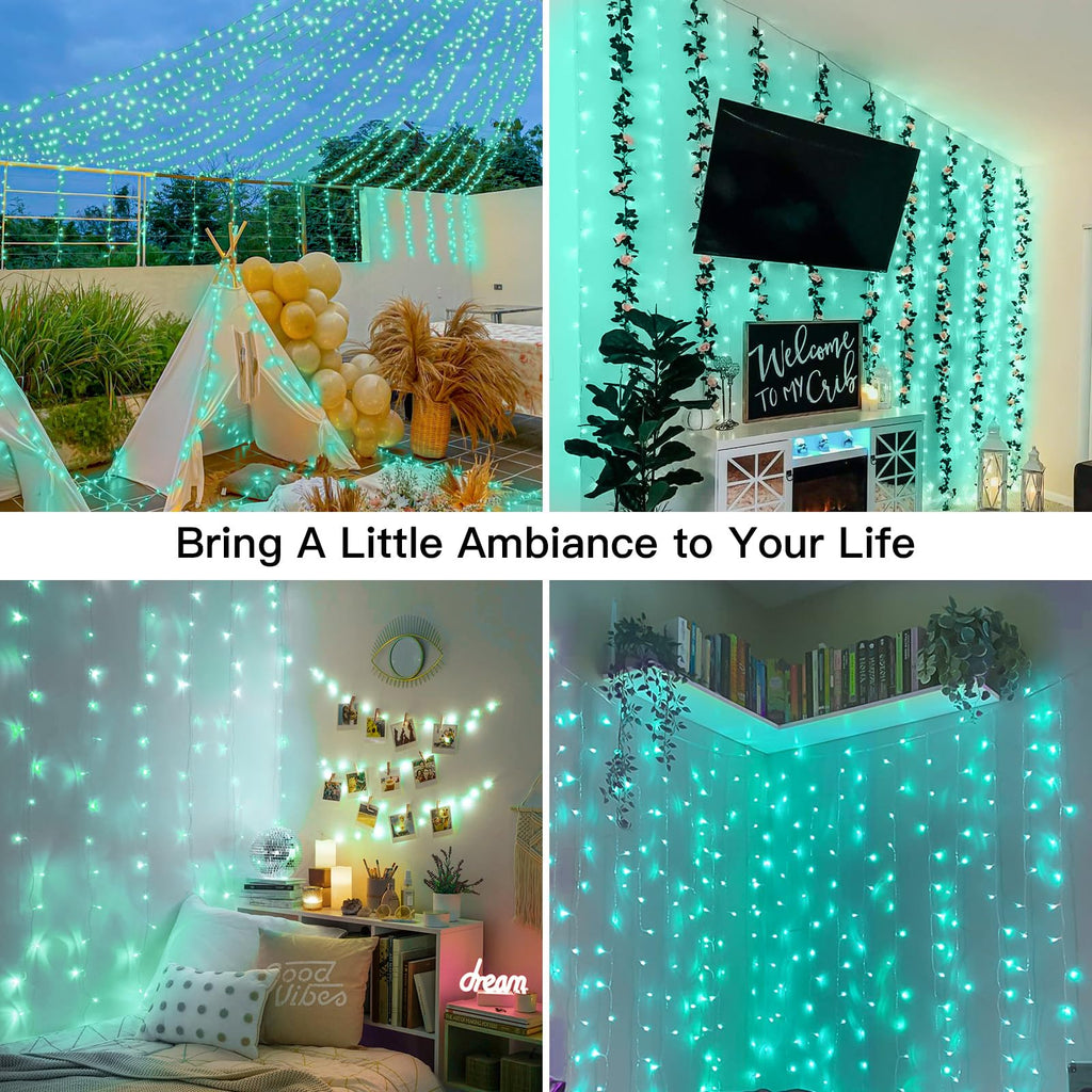 suddus Curtain Lights for Christmas, 200 Led 6.5ft x 6.5ft Hanging String Lights Outdoor, Fairy Curtain Lights for Backdrop, Window, Wall, Party, Garden, Bedroom, Brithday Decorations, Teal