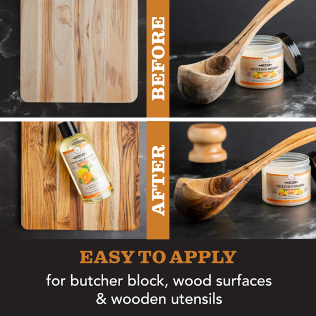CLARK'S Bamboo Cutting Board Care Kit, Includes Mineral Oil (12oz) and Carnauba Beeswax (6oz) Enriched with Orange & Lemon Extract, Bamboo Cutting Board Oil Food Grade, Cutting Board Wax Bamboo