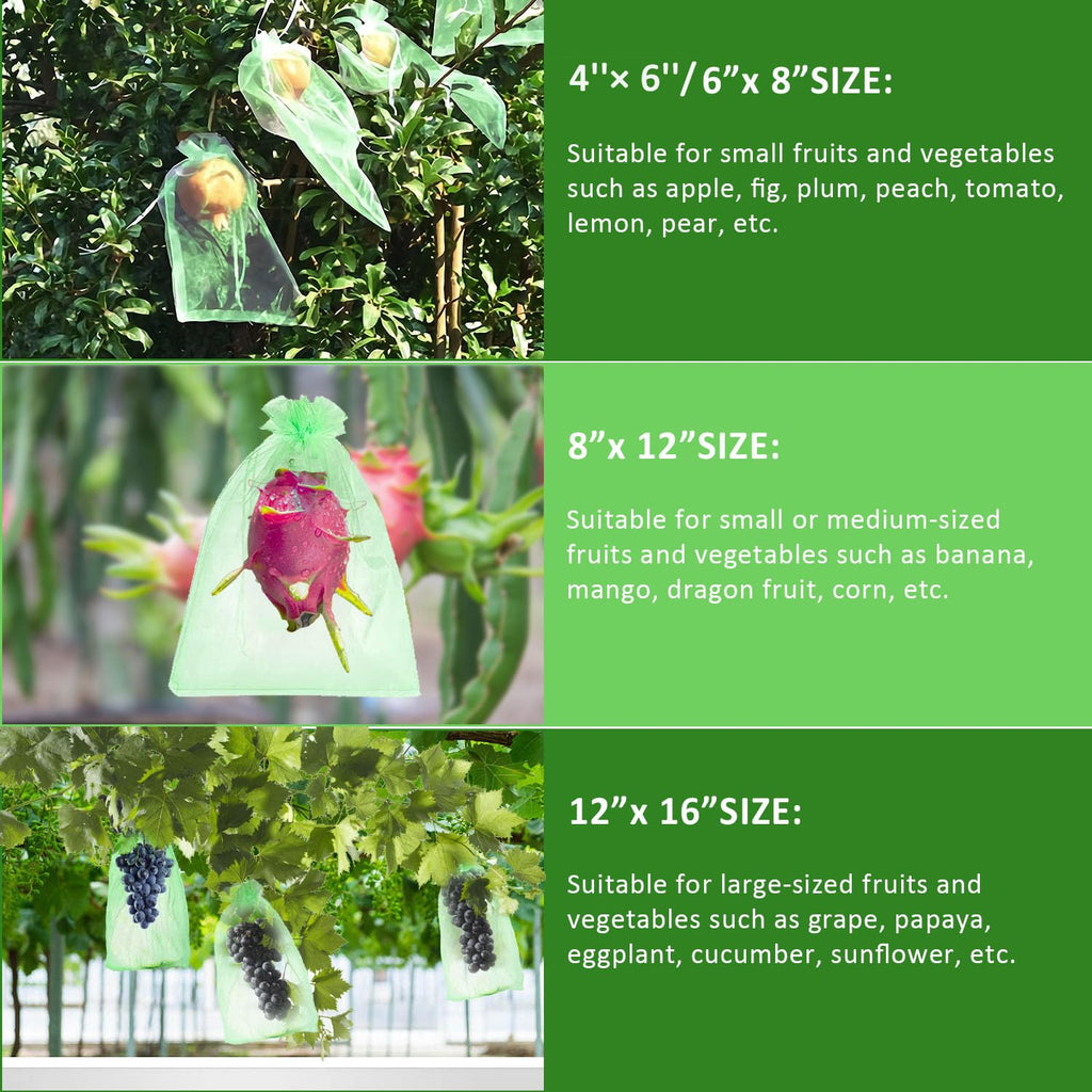 Toolifer 100 Pcs Fruit Protection Bags, 8''×12'' Vegetable Protection Bags Fruit Netting Bags with Drawstring, Fruit Tree Fruit Cover Bags Reusable Netting Bird Pest Barrier Bags for Garden Orchard