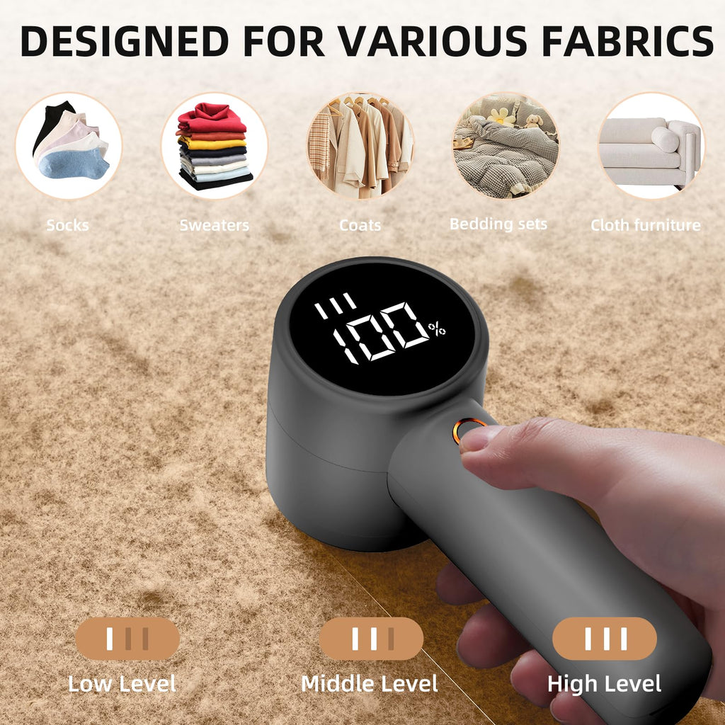 Fabric Shaver, Lint Remover Rechargeable, Electric Portable Sweater Defuzzer with 3 Speeds, 6 Leaf Blades, Digital LED Display to Remove Pilling for Clothes, Furniture, Sweater, Couch, Blanket