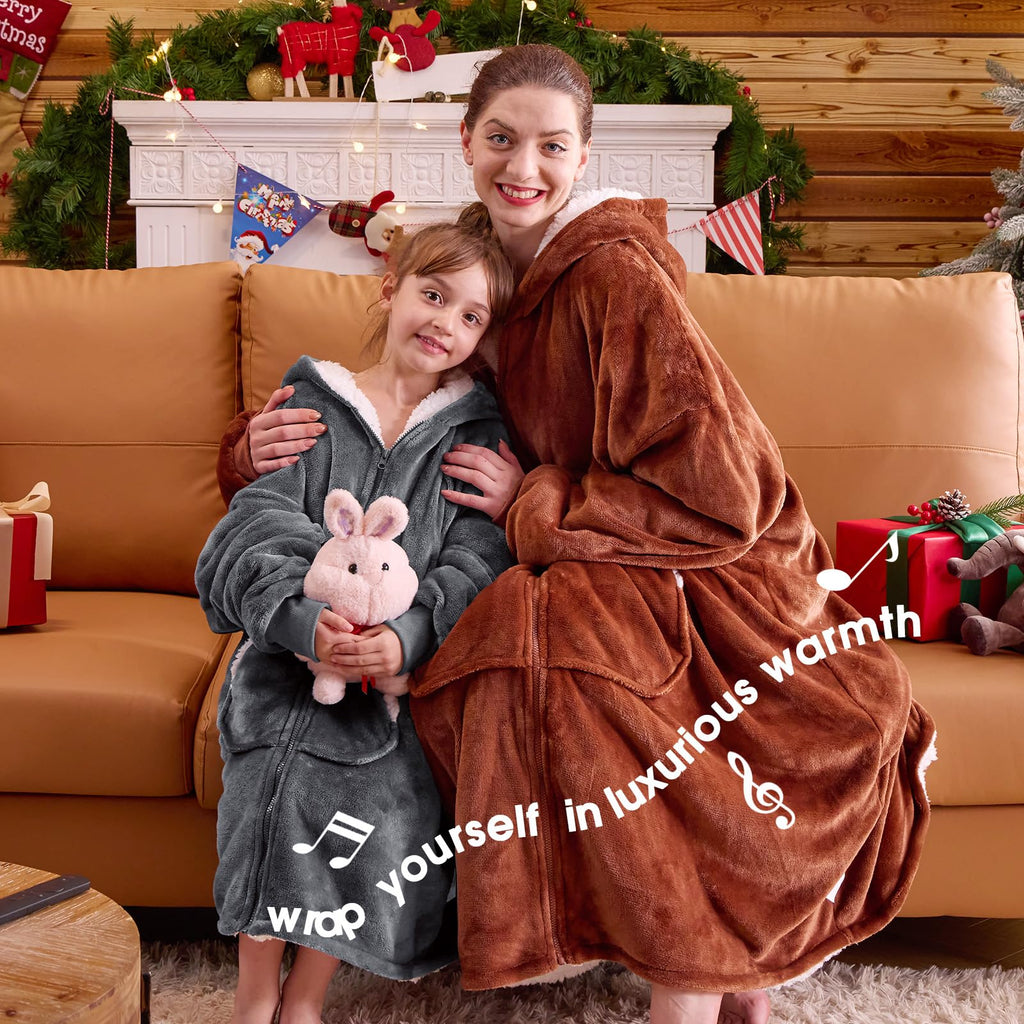 JOYWOO Kids Wearable Blanket Hoodie, Oversized Sherpa Hooded Blanket Birthday Christmas Gifts for Girl Boy, Cozy Sweatshirt Blanket with Giant Pocket and Zipper, Gray