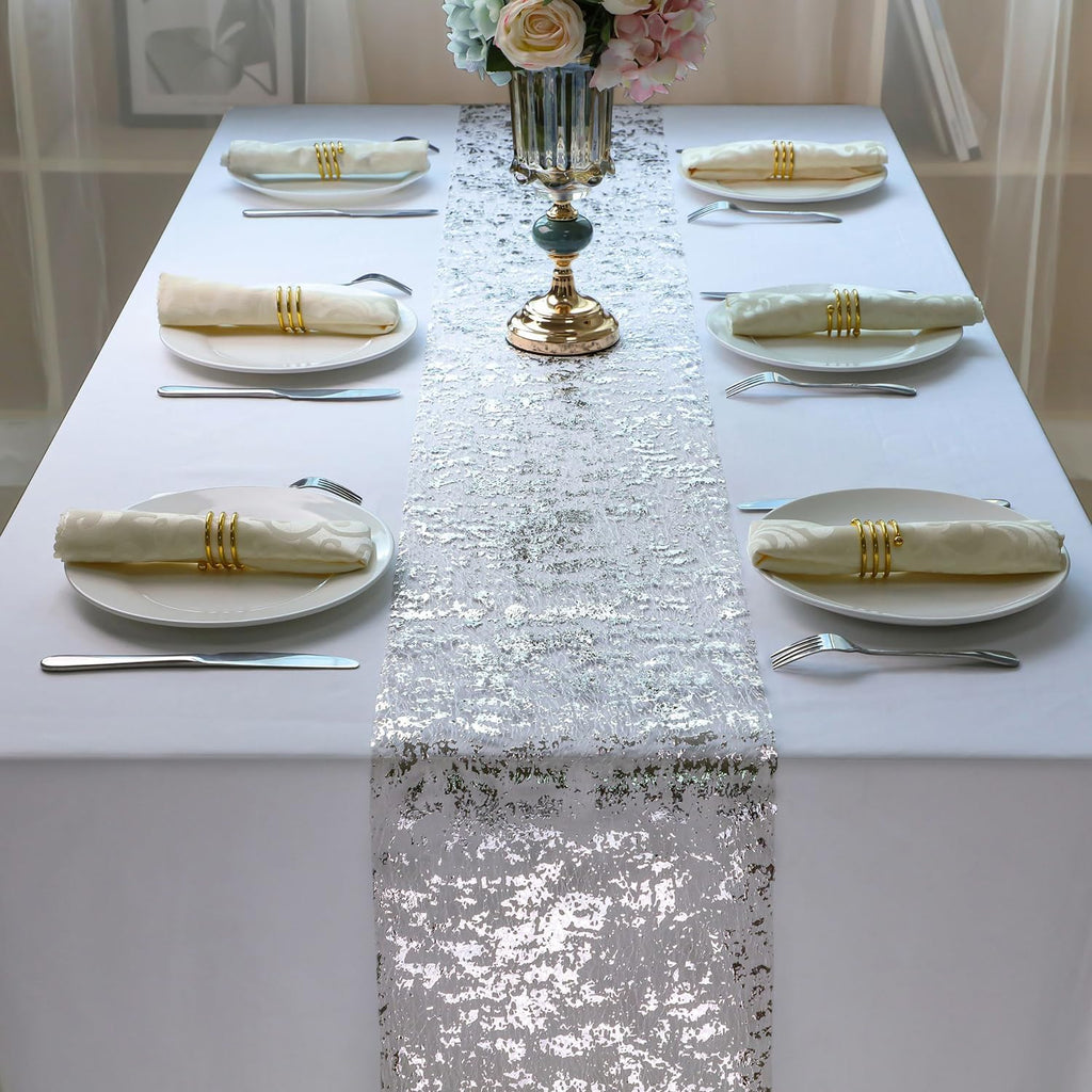 Snowkingdom Silver Table Runner, Sequin Glitter Foil Metallic Silver Mesh Table Runner Roll 11 Inch x 49 Feet, Silver Table Decorations Centrepiece for Wedding Birthday Party Christmas Baby Shower