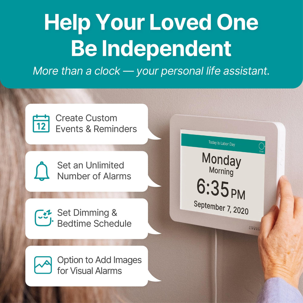 American Lifetime 【New 2024 Dementia Clock Large Digital Clock for Seniors, Digital Clock Large Display with Custom Alarms, Clock with Day & Date for Elderly, Large Number Digital Clock Premium White